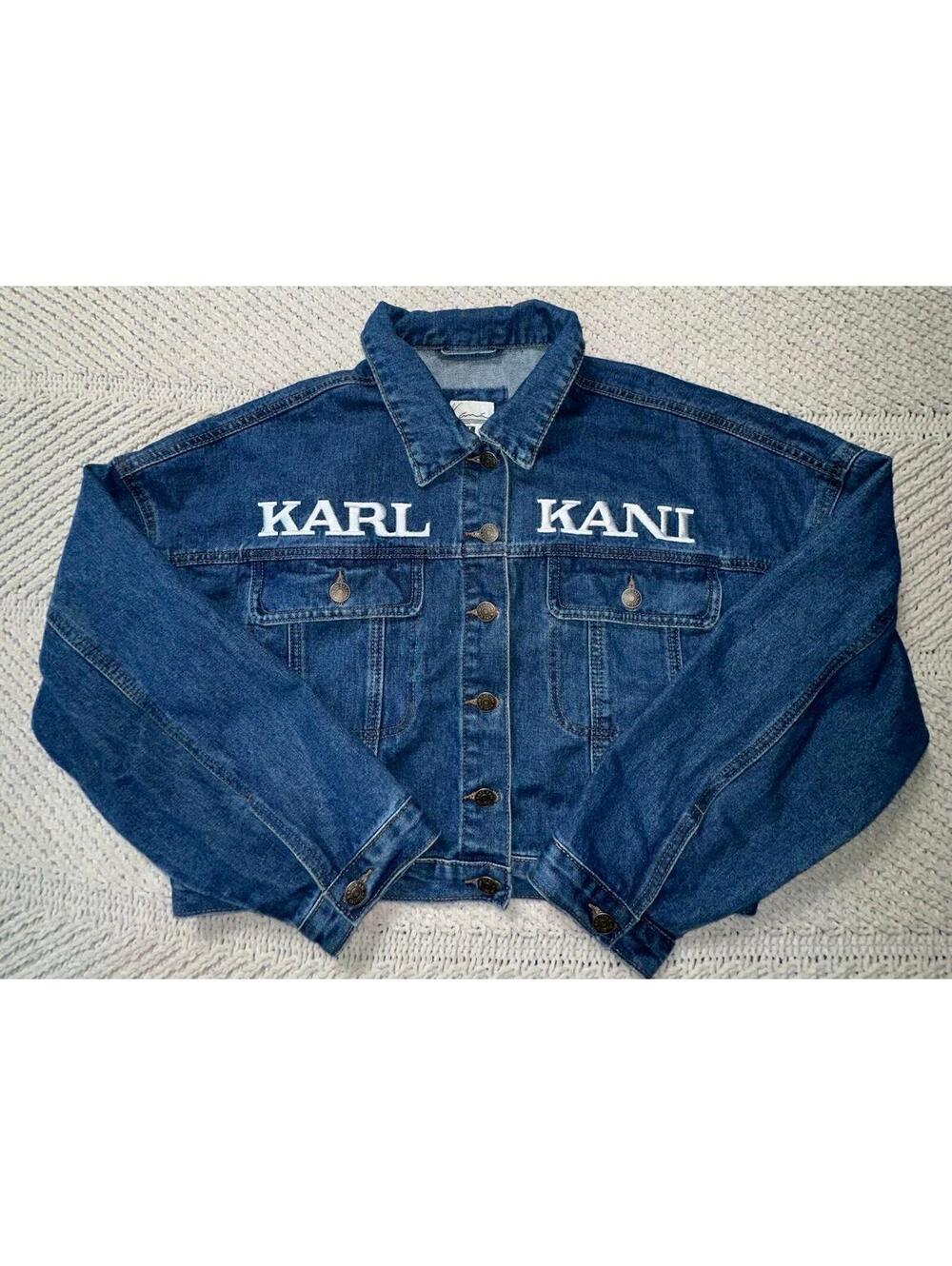 Karl Kani Blue Cropped Denim Jean Jacket Button Front Women's Size L